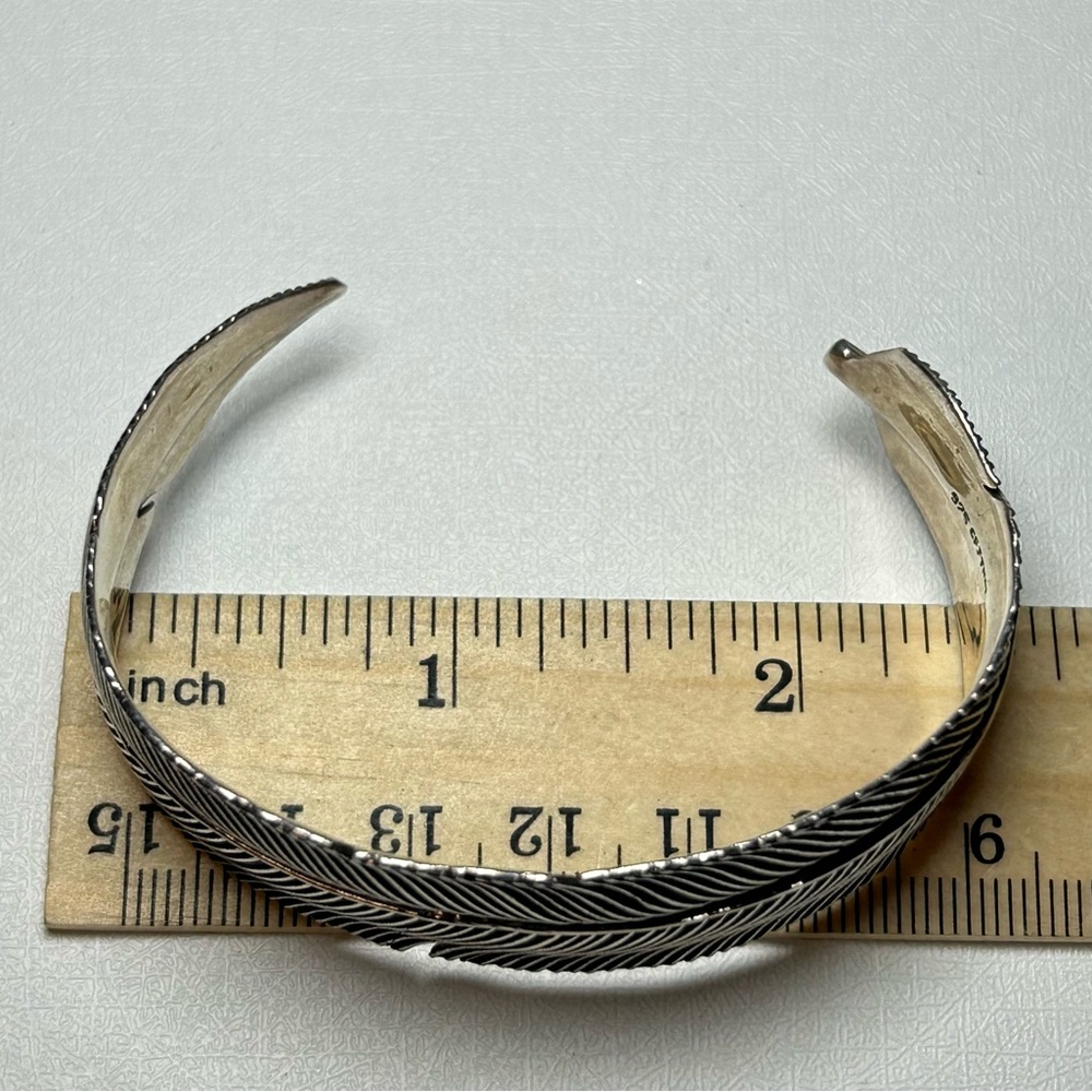 Solid Sterling Silver 925 Feather Cuff Bracelet S… - image 5